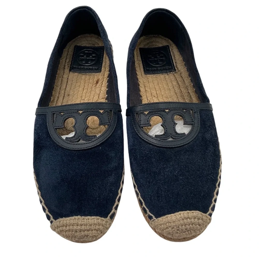 Tory Burch Navy Blue Suede Double T Logo Espadrille Flats Size‎ 5.5